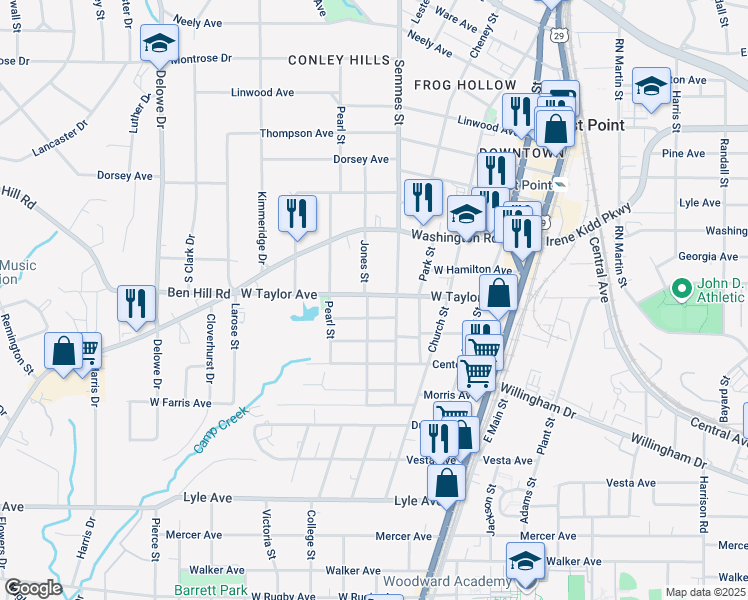 map of restaurants, bars, coffee shops, grocery stores, and more near 1830 West Taylor Avenue in East Point