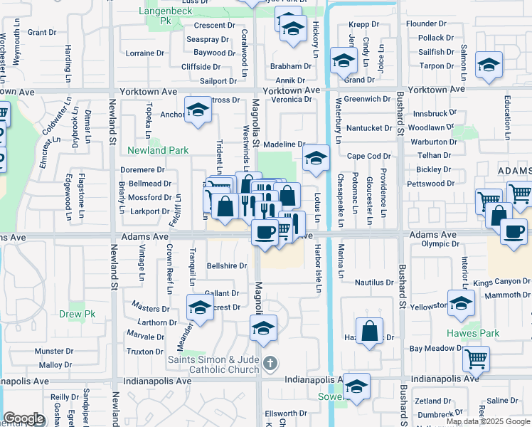 map of restaurants, bars, coffee shops, grocery stores, and more near 9003 Adams Avenue in Huntington Beach