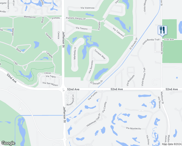 map of restaurants, bars, coffee shops, grocery stores, and more near 51686 Vía Sorrento in La Quinta