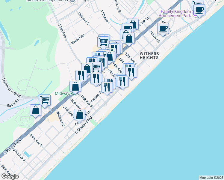 map of restaurants, bars, coffee shops, grocery stores, and more near 1600 South Ocean Boulevard in Myrtle Beach