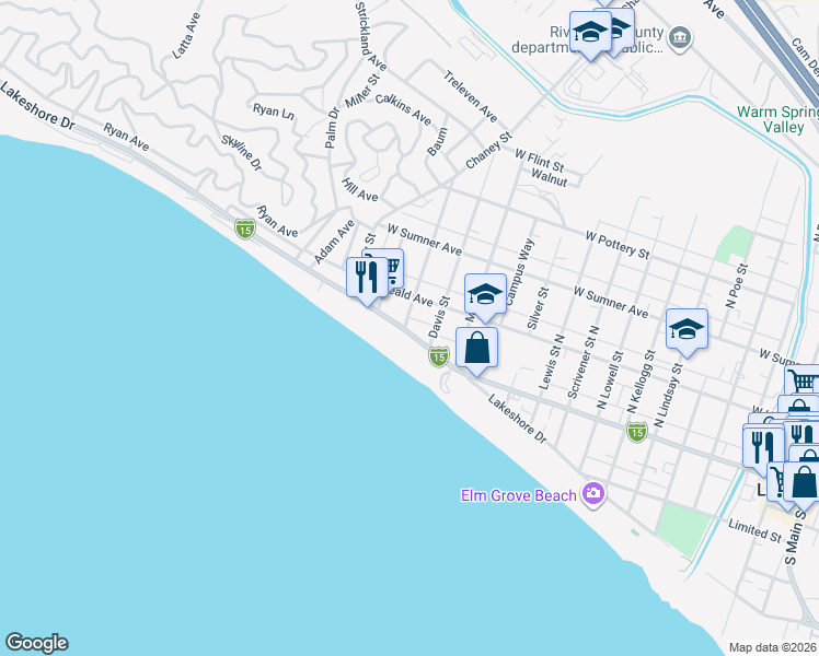 map of restaurants, bars, coffee shops, grocery stores, and more near 31400 Auto Center Drive in Lake Elsinore