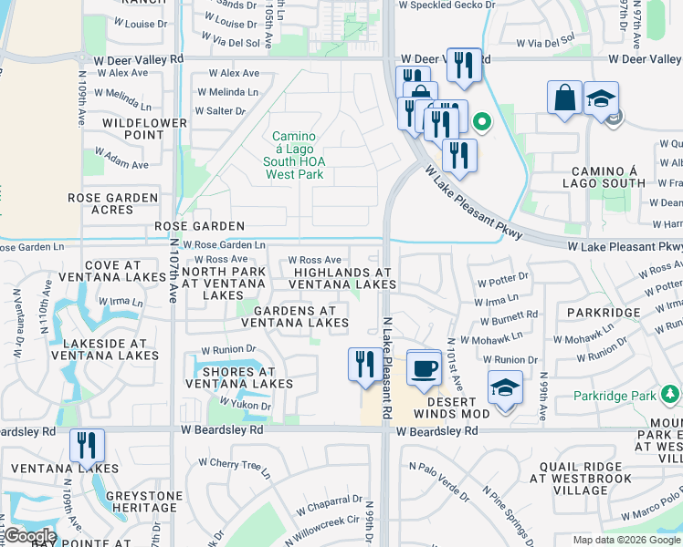 map of restaurants, bars, coffee shops, grocery stores, and more near 10327 West Ross Avenue in Peoria