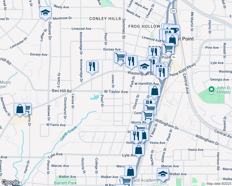 map of restaurants, bars, coffee shops, grocery stores, and more near 1830 West Taylor Avenue in East Point