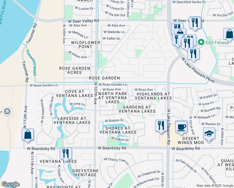 map of restaurants, bars, coffee shops, grocery stores, and more near 10528 West Potter Drive in Peoria