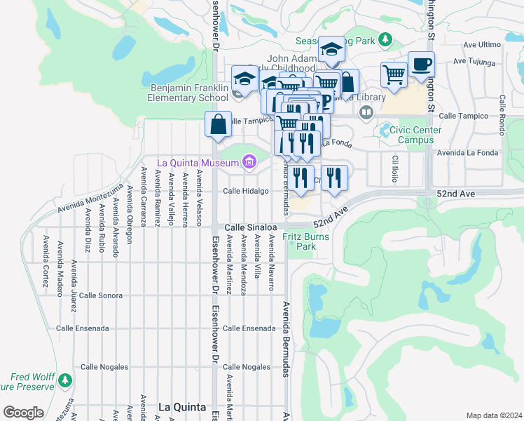 map of restaurants, bars, coffee shops, grocery stores, and more near 51630 Avenue Villa in La Quinta