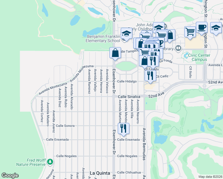 map of restaurants, bars, coffee shops, grocery stores, and more near 51645 Eisenhower Drive in La Quinta