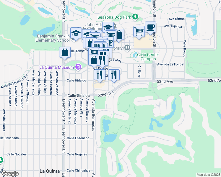 map of restaurants, bars, coffee shops, grocery stores, and more near 51620 Desert Club Drive in La Quinta