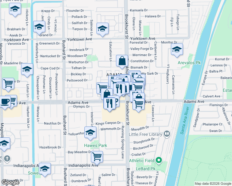 map of restaurants, bars, coffee shops, grocery stores, and more near 9861 Adams Avenue in Huntington Beach