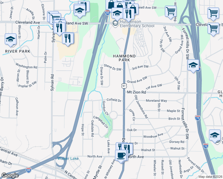 map of restaurants, bars, coffee shops, grocery stores, and more near 2990 Wanda Circle Southwest in Atlanta