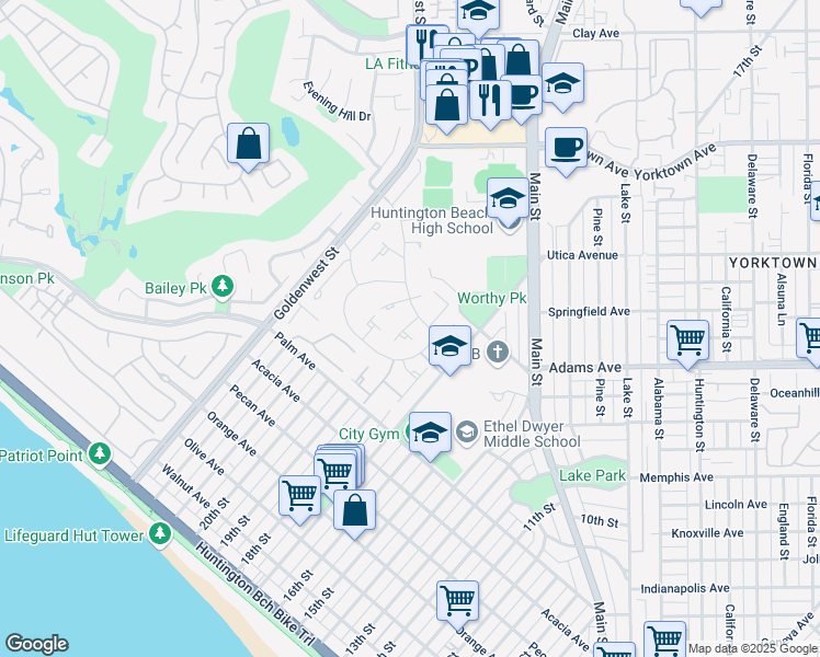 map of restaurants, bars, coffee shops, grocery stores, and more near 7231 Seashark Circle in Huntington Beach
