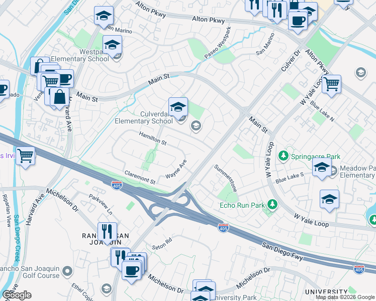 map of restaurants, bars, coffee shops, grocery stores, and more near 3 Paine Circle in Irvine