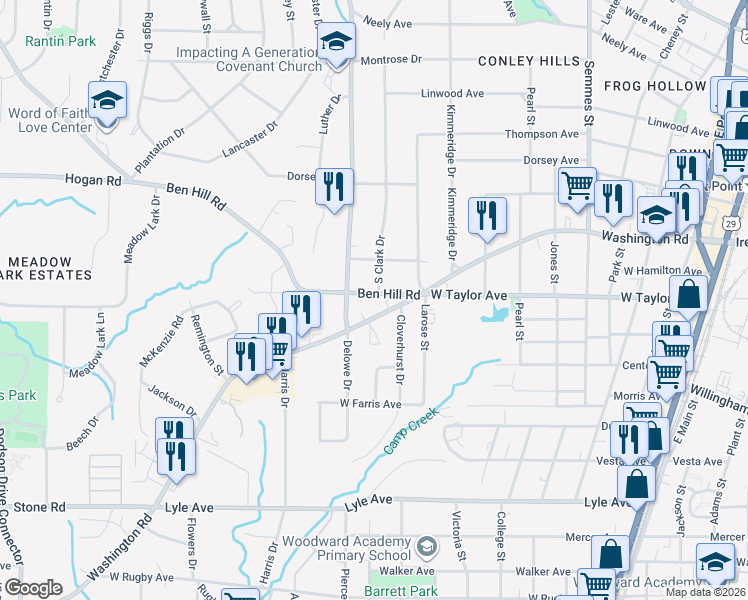 map of restaurants, bars, coffee shops, grocery stores, and more near 3021 Washington Road in East Point