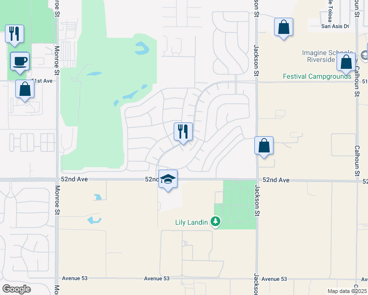 map of restaurants, bars, coffee shops, grocery stores, and more near 51678 Hawthorne Court in Indio
