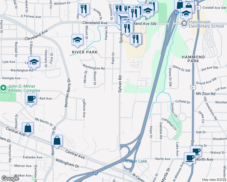 map of restaurants, bars, coffee shops, grocery stores, and more near 2981 Palm Drive in East Point