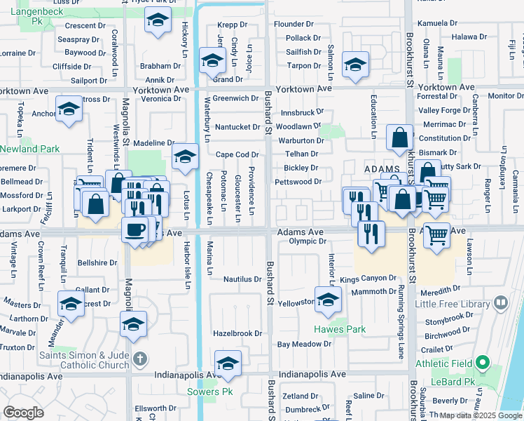 map of restaurants, bars, coffee shops, grocery stores, and more near 19911 Bushard Street in Huntington Beach