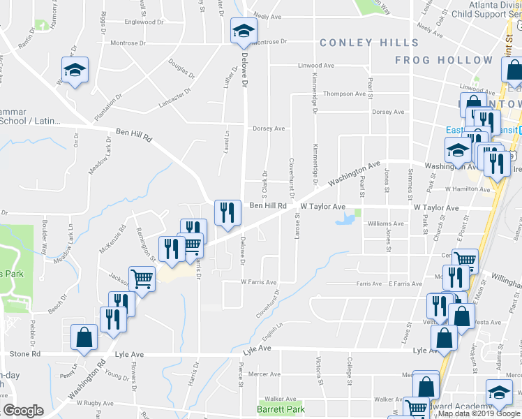 map of restaurants, bars, coffee shops, grocery stores, and more near 2066 Ben Hill Road in East Point