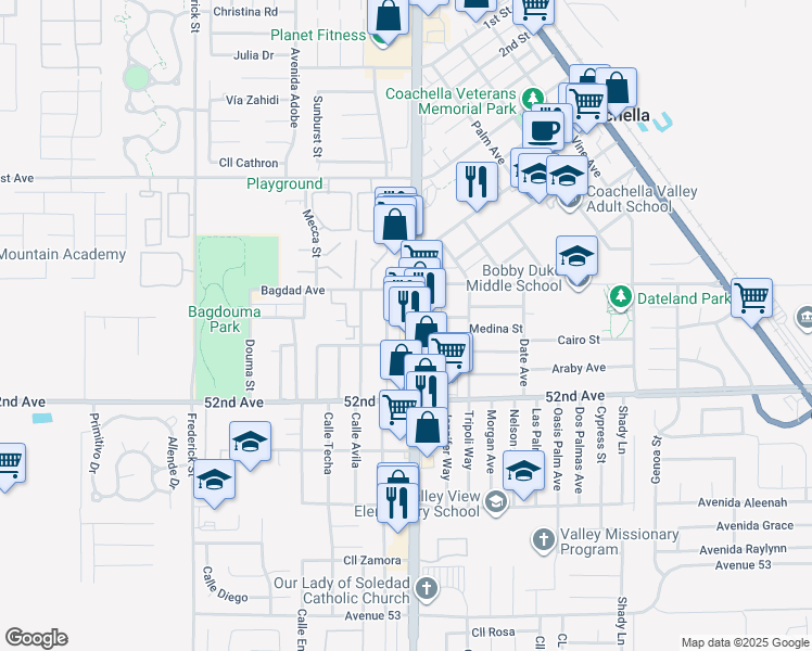 map of restaurants, bars, coffee shops, grocery stores, and more near 51628 Calle Camacho in Coachella
