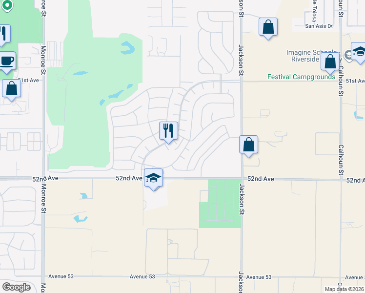map of restaurants, bars, coffee shops, grocery stores, and more near 51653 Rolling Green Court in Indio