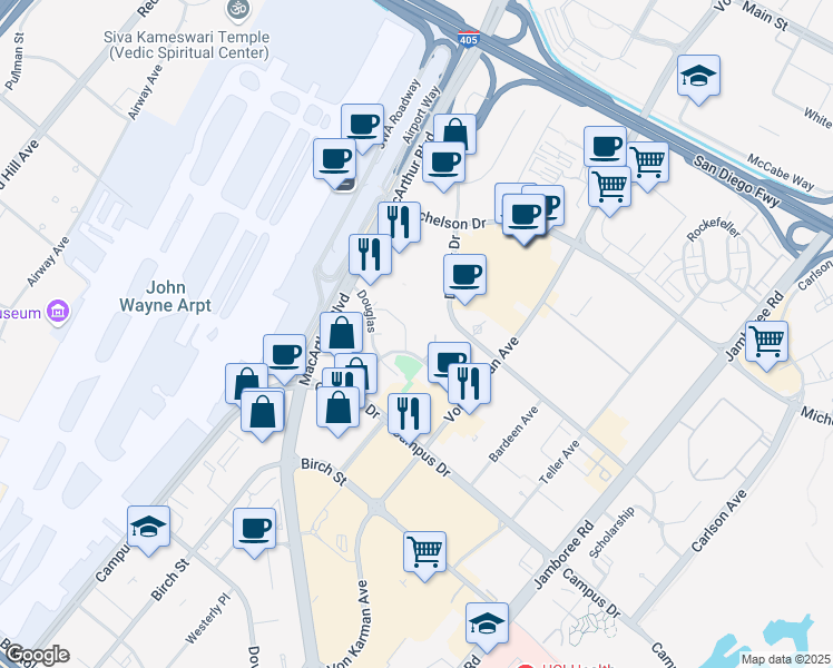 map of restaurants, bars, coffee shops, grocery stores, and more near 2233 Martin in Irvine