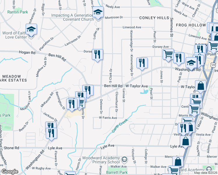 map of restaurants, bars, coffee shops, grocery stores, and more near 3021 Washington Road in East Point