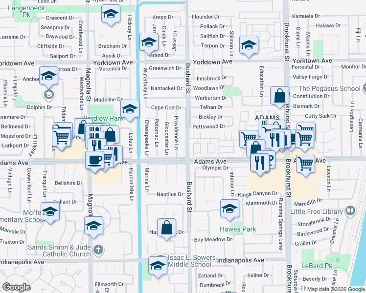 map of restaurants, bars, coffee shops, grocery stores, and more near 19891 Bushard Street in Huntington Beach