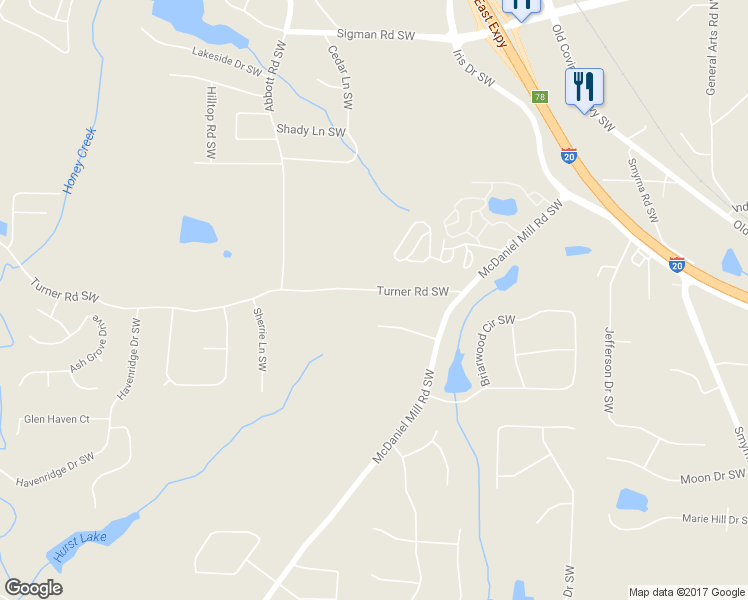 map of restaurants, bars, coffee shops, grocery stores, and more near 2490 Turner Road Southwest in Conyers