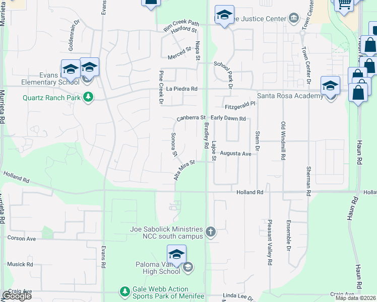 map of restaurants, bars, coffee shops, grocery stores, and more near 30780 Stonecreek Court in Menifee