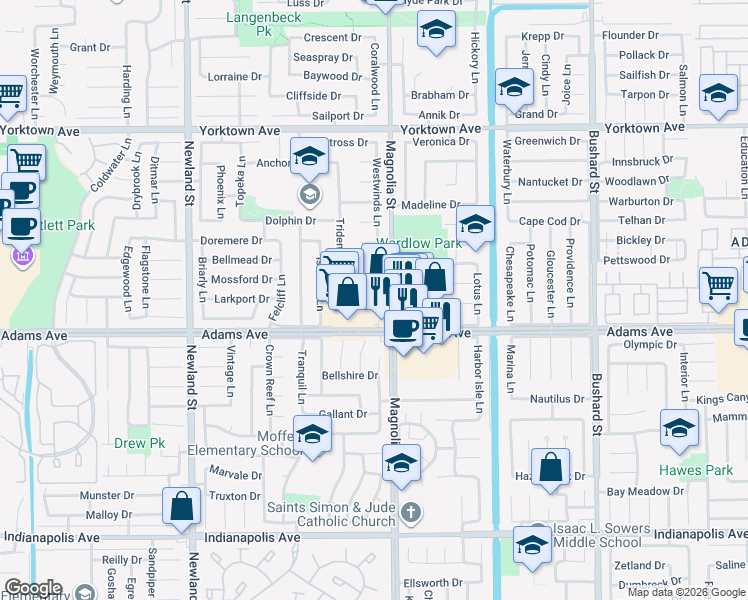 map of restaurants, bars, coffee shops, grocery stores, and more near 8911 Adams Avenue in Huntington Beach