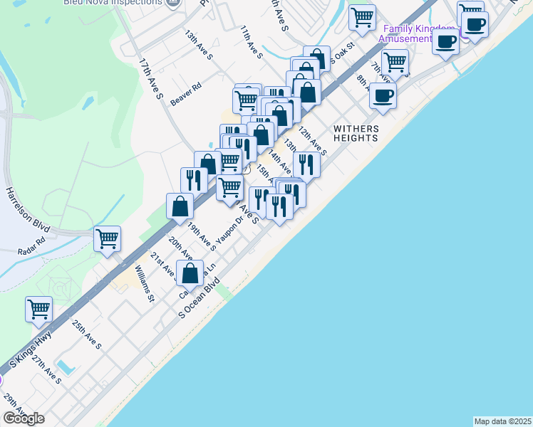 map of restaurants, bars, coffee shops, grocery stores, and more near 1600 South Ocean Boulevard in Myrtle Beach
