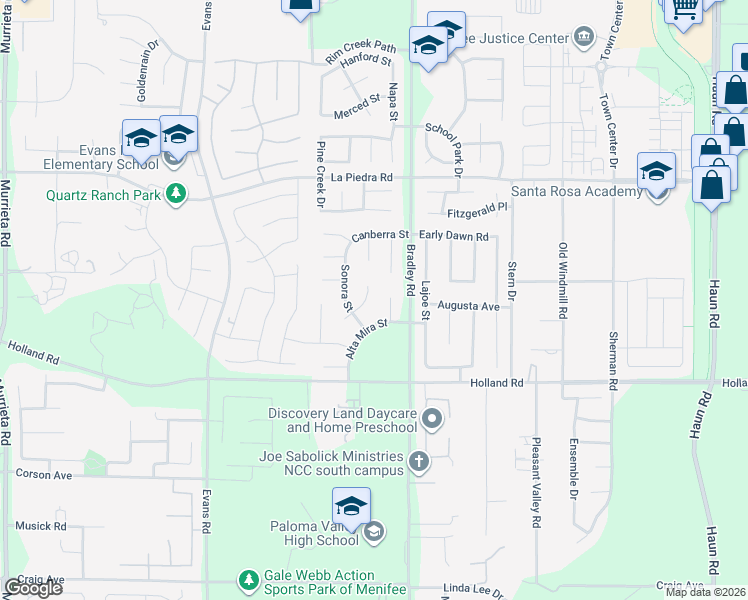 map of restaurants, bars, coffee shops, grocery stores, and more near 30780 Stonecreek Court in Menifee
