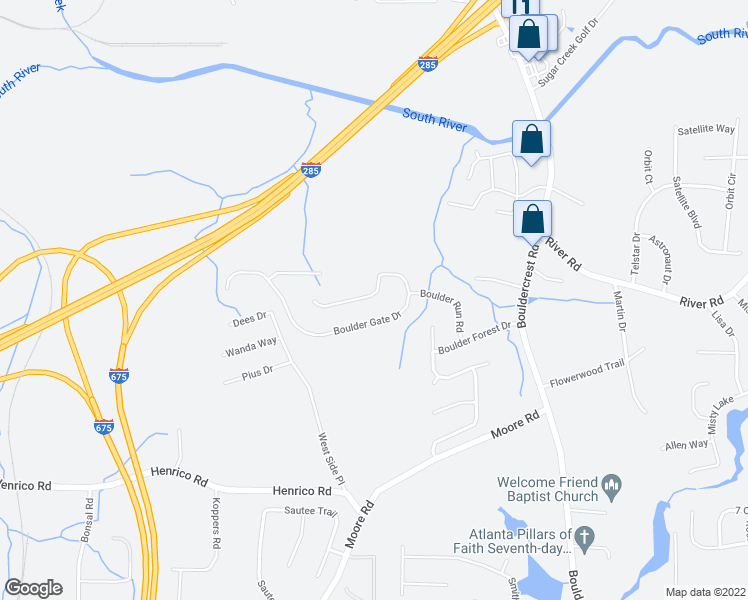 map of restaurants, bars, coffee shops, grocery stores, and more near 2102 Boulder Gate Drive in Ellenwood