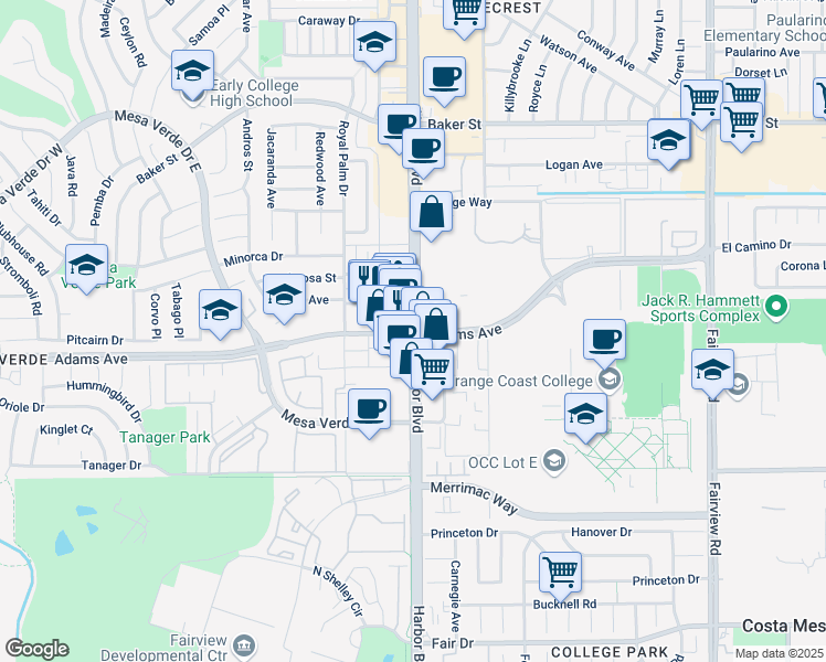 map of restaurants, bars, coffee shops, grocery stores, and more near Harbor Blvd & Adams Ave in Costa Mesa