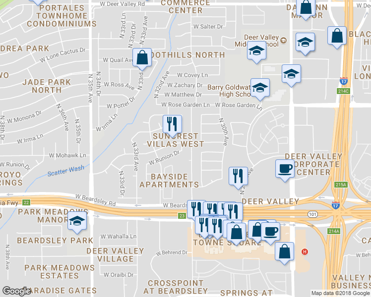 map of restaurants, bars, coffee shops, grocery stores, and more near 20455 North 31st Drive in Phoenix