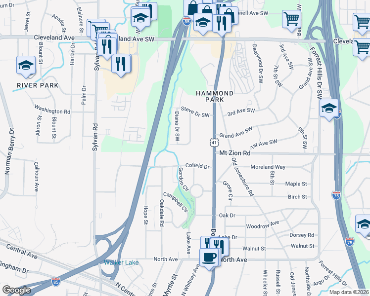 map of restaurants, bars, coffee shops, grocery stores, and more near 2990 Wanda Circle Southwest in Atlanta