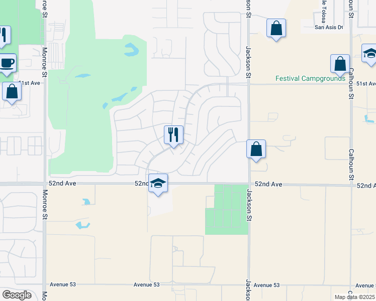 map of restaurants, bars, coffee shops, grocery stores, and more near 51653 Rolling Green Court in Indio