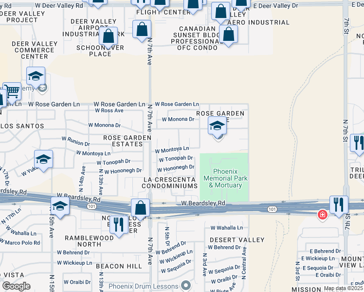 map of restaurants, bars, coffee shops, grocery stores, and more near 20601 North 5th Avenue in Phoenix
