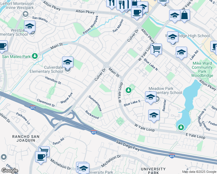 map of restaurants, bars, coffee shops, grocery stores, and more near 36 Timber Run in Irvine