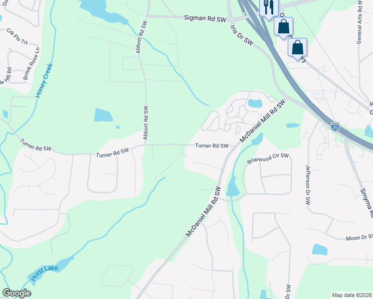 map of restaurants, bars, coffee shops, grocery stores, and more near 2490 Turner Road Southwest in Conyers