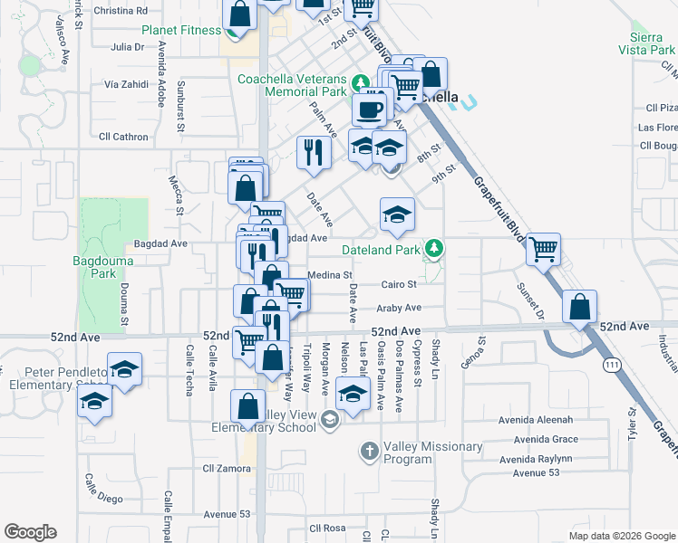 map of restaurants, bars, coffee shops, grocery stores, and more near 85275 Medina Street in Coachella