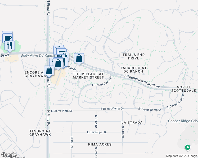 map of restaurants, bars, coffee shops, grocery stores, and more near 9239 East Hoverland Road in Scottsdale