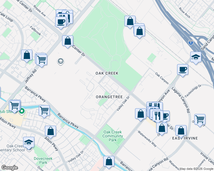map of restaurants, bars, coffee shops, grocery stores, and more near 39 Tangerine in Irvine