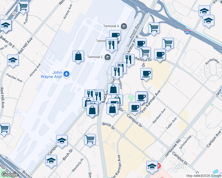 map of restaurants, bars, coffee shops, grocery stores, and more near 18912 Macarthur Boulevard in Irvine
