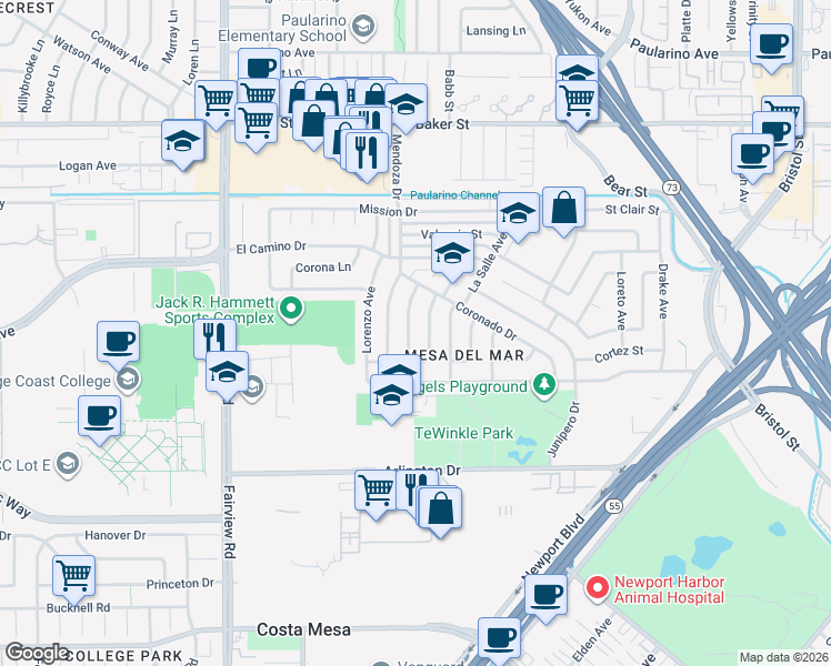 map of restaurants, bars, coffee shops, grocery stores, and more near 2753 San Juan Lane in Costa Mesa