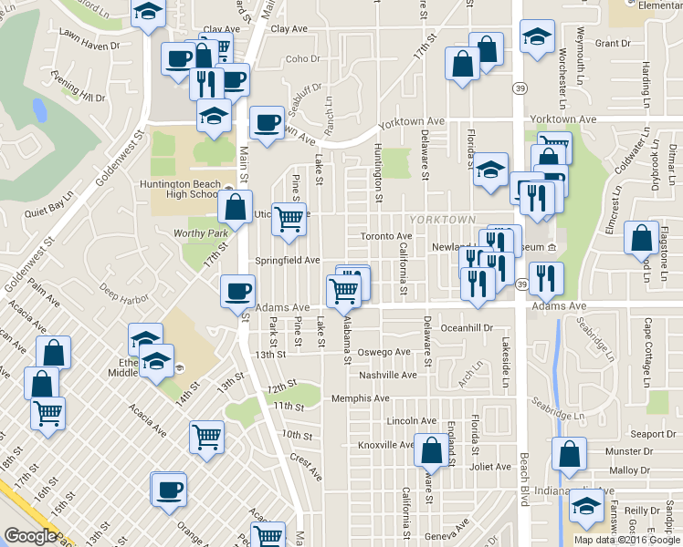 map of restaurants, bars, coffee shops, grocery stores, and more near 1742 Lake Street in Huntington Beach
