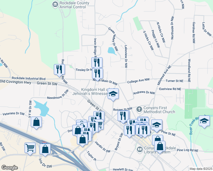 map of restaurants, bars, coffee shops, grocery stores, and more near 1068 North Main Street Northwest in Conyers
