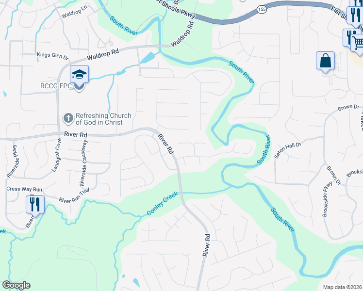 map of restaurants, bars, coffee shops, grocery stores, and more near 3681 Riverchase Terrace in Decatur