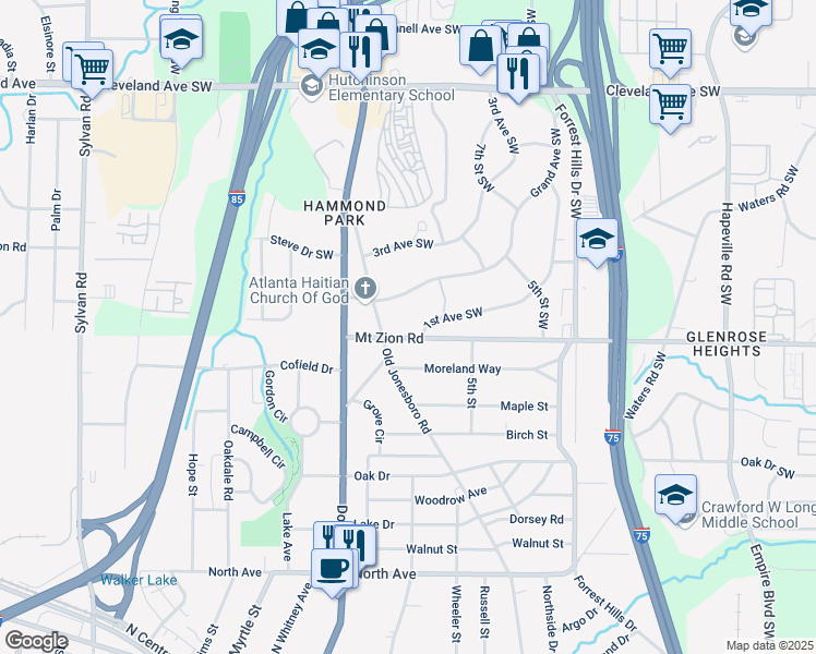 map of restaurants, bars, coffee shops, grocery stores, and more near 523 Mount Zion Road in Atlanta