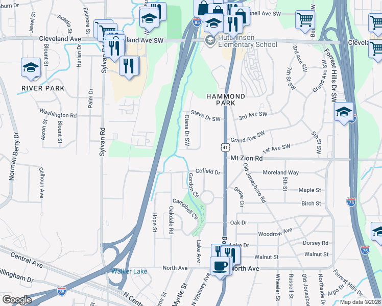 map of restaurants, bars, coffee shops, grocery stores, and more near 3004 Wanda Circle Southwest in Atlanta