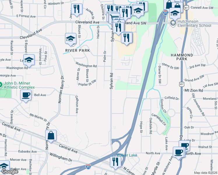map of restaurants, bars, coffee shops, grocery stores, and more near 2991 Sylvan Road in Atlanta