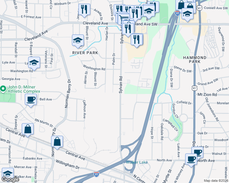 map of restaurants, bars, coffee shops, grocery stores, and more near 2981 Palm Drive in East Point